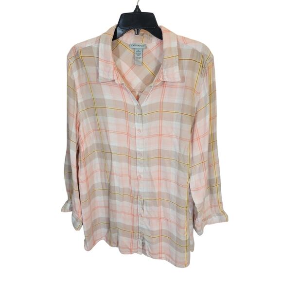 Catherines Button Down Shirt Plus Size 1X Pink Tan Plaid Roll Tab Sleeve Women's - Picture 1 of 9
